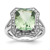 Sterling Silver Rhodium Diam. & Checker-Cut Green Quartz Ring QR3033AG