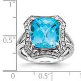 Sterling Silver Rhodium Diam. & Checker-Cut Blue Topaz Ring QR3033BT