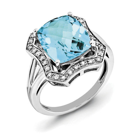 Sterling Silver Rhodium Diam. & Checker-Cut Blue Topaz Ring QR3033BT - shirin-diamonds