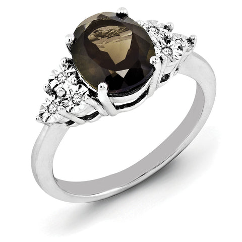 Sterling Silver Rhodium Diam. & Oval Smoky Quartz Ring QR3034SQ - shirin-diamonds