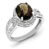 Sterling Silver Rhodium Diam. & Oval Checker-Cut Smoky Quartz Ring QR3036SQ - shirin-diamonds