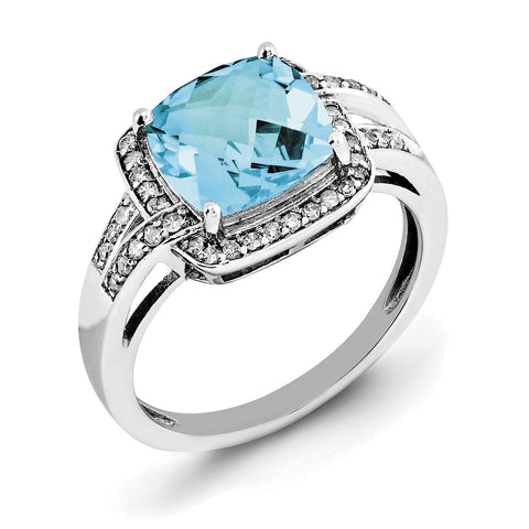 Sterling Silver Rhodium Diam. & Checker-Cut Light Swiss Blue Topaz Ring QR3037LSBT - shirin-diamonds
