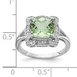 Sterling Silver Rhodium Diam. & Checker-Cut Green Quartz Ring QR3038AG
