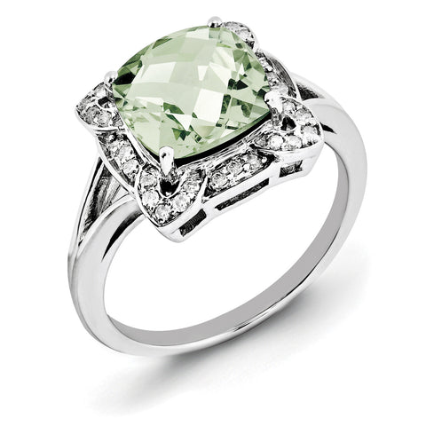 Sterling Silver Rhodium Diam. & Checker-Cut Green Quartz Ring QR3038AG - shirin-diamonds