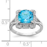 Sterling Silver Rhodium Diam. & Checker-Cut Blue Topaz Ring QR3038BT
