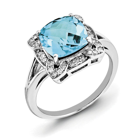 Sterling Silver Rhodium Diam. & Checker-Cut Blue Topaz Ring QR3038BT - shirin-diamonds