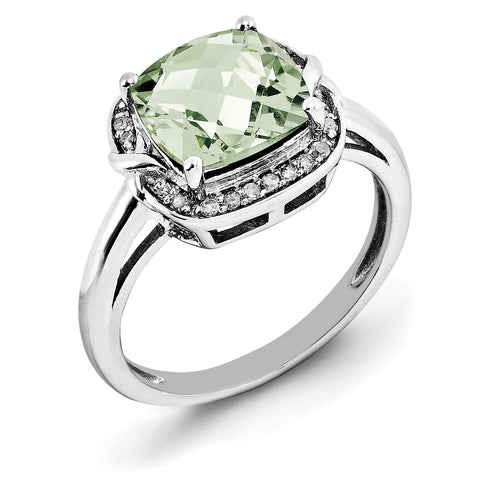Sterling Silver Rhodium Diam. & Checker-Cut Green Quartz Ring QR3039AG - shirin-diamonds
