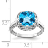Sterling Silver Rhodium Diam. & Checker-Cut Blue Topaz Ring QR3039BT