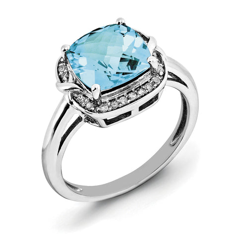 Sterling Silver Rhodium Diam. & Checker-Cut Blue Topaz Ring QR3039BT - shirin-diamonds