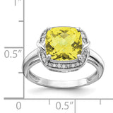 Sterling Silver Rhodium Diam. & Checker-Cut Lemon Quartz Ring QR3039LQ