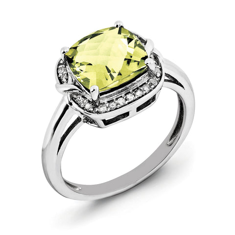 Sterling Silver Rhodium Diam. & Checker-Cut Lemon Quartz Ring QR3039LQ - shirin-diamonds