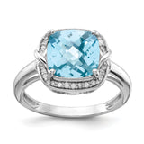 Sterling Silver Rhodium Diam. & Checker-Cut Light Swiss Blue Topaz Ring QR3039LSBT