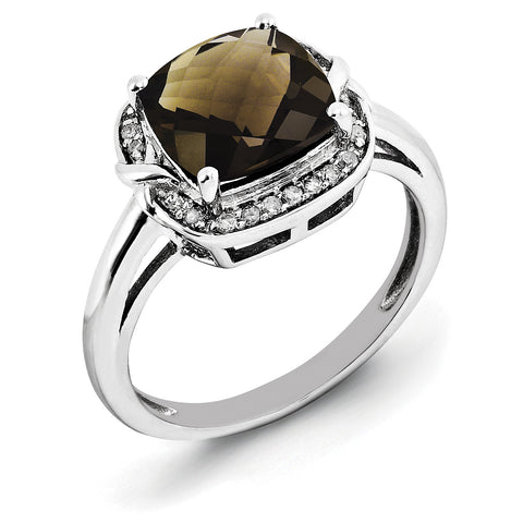 Sterling Silver Rhodium Diam. & Checker-Cut Smoky Quartz Ring QR3039SQ - shirin-diamonds
