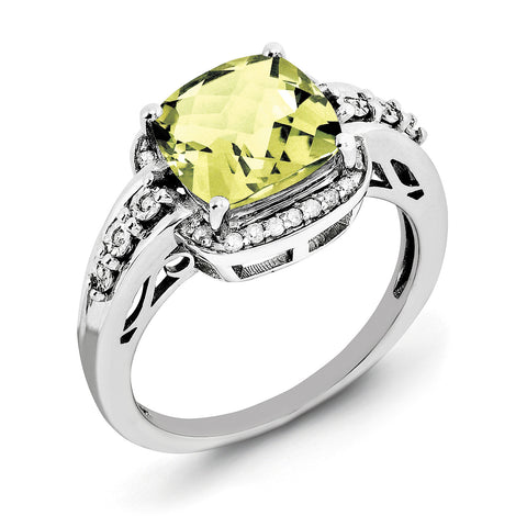 Sterling Silver Rhodium Diam. & Checker-Cut Lemon Quartz Ring QR3040LQ - shirin-diamonds