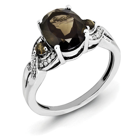 Sterling Silver Rhodium Oval Diam. & Smoky Quartz Ring QR3041SQ - shirin-diamonds