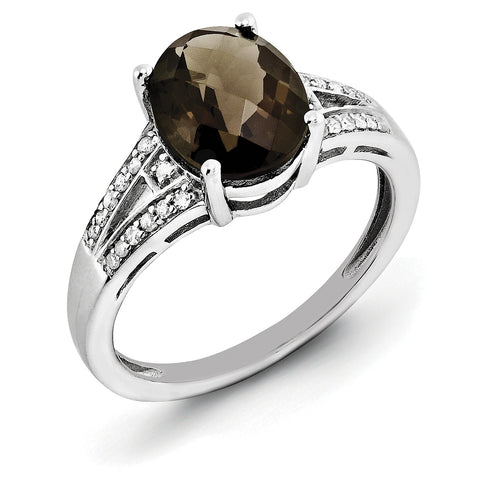 Sterling Silver Rhodium Diam. & Oval Smoky Quartz Ring QR3043SQ - shirin-diamonds