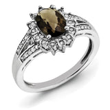 Sterling Silver Rhodium Diam. & Oval Checker-Cut Smoky Quartz Ring QR3046SQ - shirin-diamonds