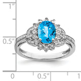 Sterling Silver Rhodium Diam. & Oval Checker-Cut Blue Topaz Ring QR3048BT