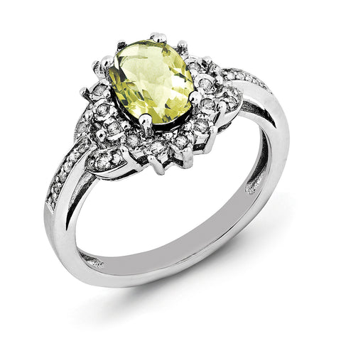 Sterling Silver Rhodium Diam. & Oval Checker-Cut Lemon Quartz Ring QR3048LQ - shirin-diamonds
