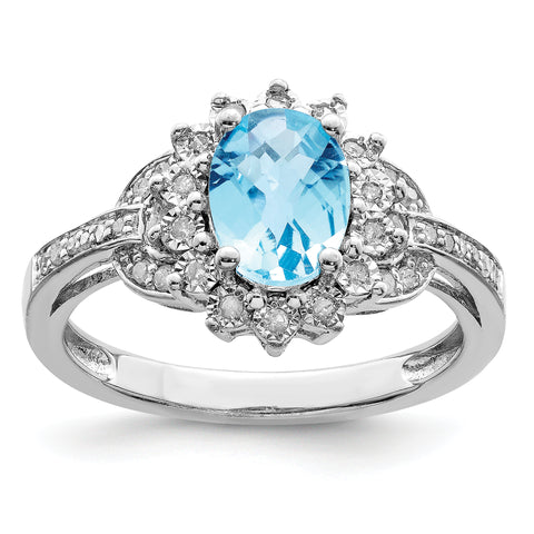 Sterling Silver Rhodium Diam. & Checker-Cut Light Swiss Blue Topaz Ring QR3048LSBT