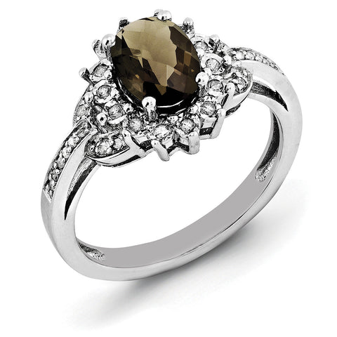 Sterling Silver Rhodium Diam. & Oval Checker-Cut Smoky Quartz Ring QR3048SQ - shirin-diamonds