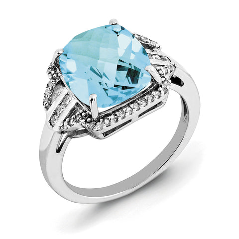 Sterling Silver Rhodium Checker-Cut Blue Topaz & Diam. Ring QR3050BT - shirin-diamonds