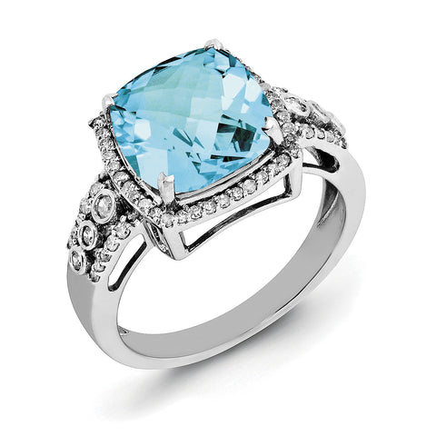 Sterling Silver Rhodium Checker-Cut Blue Topaz & Diam. Ring QR3051BT - shirin-diamonds