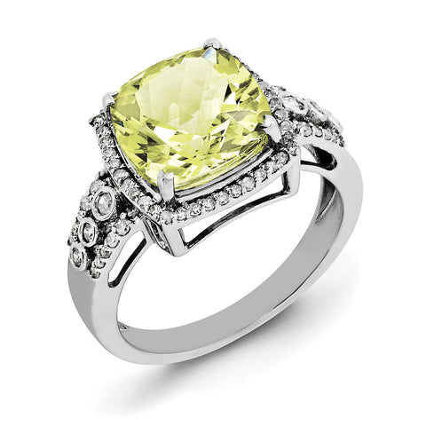 Sterling Silver Rhodium Diam. & Checker-Cut Lemon Quartz Ring QR3051LQ - shirin-diamonds