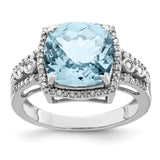 Sterling Silver Rhodium Diam. & Checker-Cut Light Swiss Blue Topaz Ring QR3051LSBT