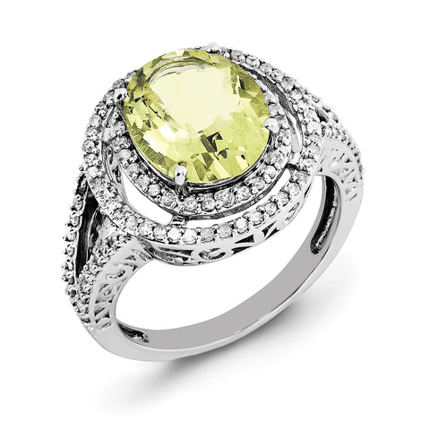 Sterling Silver Rhodium Oval Diam. & Lemon Quartz Ring QR3053LQ - shirin-diamonds