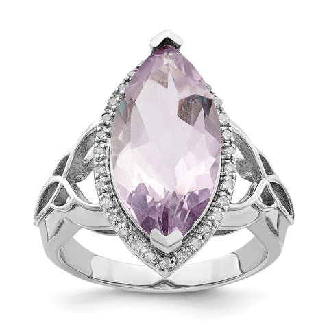 Sterling Silver Rhodium Diam. & Pink Quartz Ring QR3056PQ