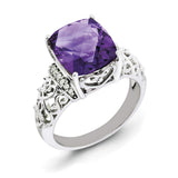 Sterling Silver Rhodium-plated Checker-Cut Amethyst & Diamond Ring QR3061AM - shirin-diamonds