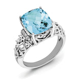Sterling Silver Rhodium Checker-Cut Blue Topaz & Diam. Ring QR3061BT - shirin-diamonds