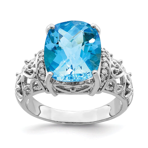 Sterling Silver Rhodium Checker-Cut Blue Topaz & Diam. Ring QR3061BT