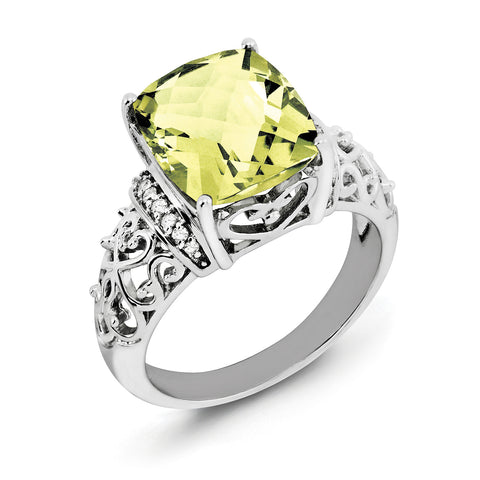 Sterling Silver Rhodium Diam. & Checker-Cut Lemon Quartz Ring QR3061LQ - shirin-diamonds