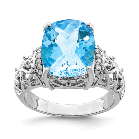 Sterling Silver Rhodium Diam. & Checker-Cut Light Swiss Blue Topaz Ring QR3061LSBT
