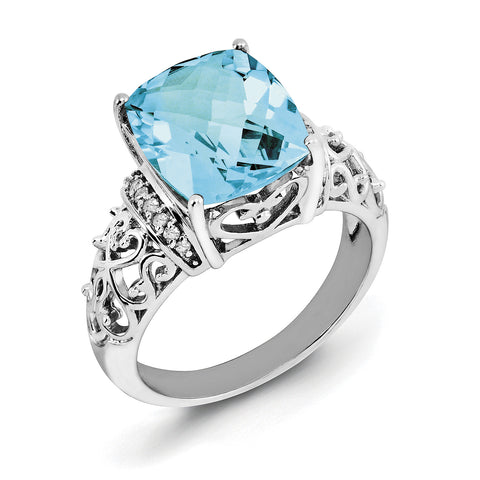 Sterling Silver Rhodium Diam. & Checker-Cut Light Swiss Blue Topaz Ring QR3061LSBT - shirin-diamonds