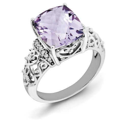 Sterling Silver Rhodium Diam. & Checker-Cut Pink Quartz Ring QR3061PQ - shirin-diamonds