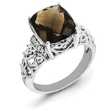 Sterling Silver Rhodium Diam. & Checker-Cut Smoky Quartz Ring QR3061SQ - shirin-diamonds
