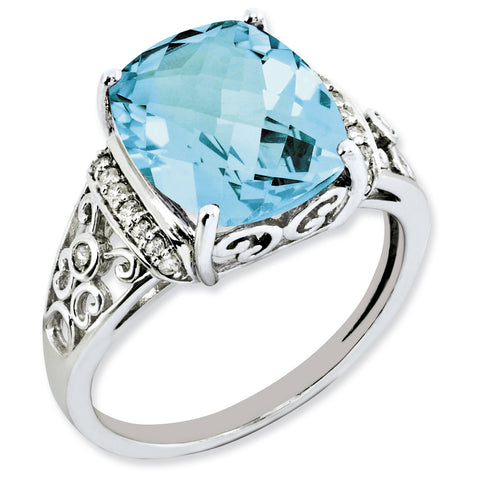 Sterling Silver Rhodium Checker-Cut Blue Topaz & Diam. Ring QR3062BT - shirin-diamonds