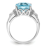 925 Sterling Silver Rhodium Diamond and Checker-Cut Light Swiss Blue Topaz Ring