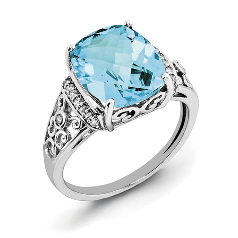 Sterling Silver Rhodium Diam. & Checker-Cut Light Swiss Blue Topaz Ring QR3062LSBT - shirin-diamonds