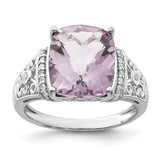 Sterling Silver Rhodium Diam. & Checker-Cut Pink Quartz Ring QR3062PQ