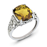 Sterling Silver Rhodium Diam. & Checker-Cut Whiskey Quartz Ring QR3062WQ - shirin-diamonds