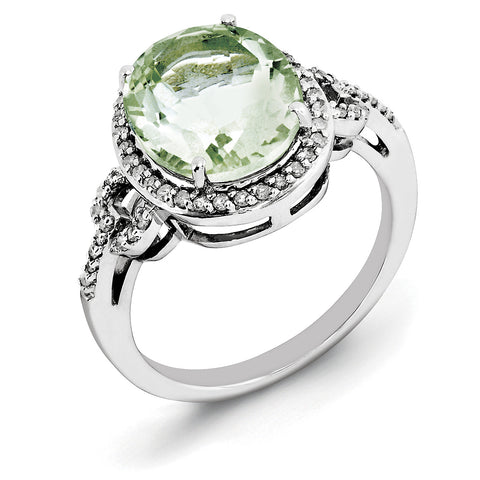 Sterling Silver Rhodium Oval Diam. & Checker-Cut Green Quartz Ring QR3063AG - shirin-diamonds