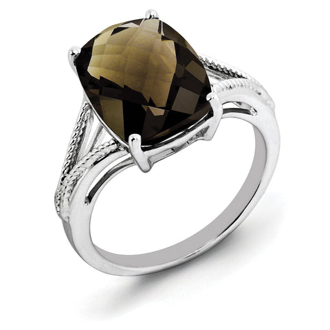 Sterling Silver Rhodium Checker-Cut Smoky Quartz Ring - shirin-diamonds