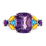 925 Sterling Silver Rhodium-plated Amethyst, Blue Topaz and Citrine Ring