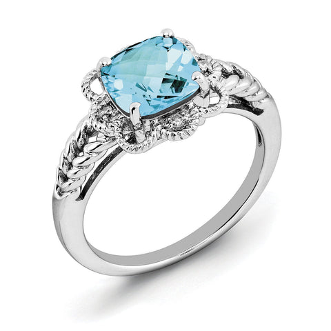 Sterling Silver Rhodium Checker-Cut Blue Topaz & Diam. Ring - shirin-diamonds