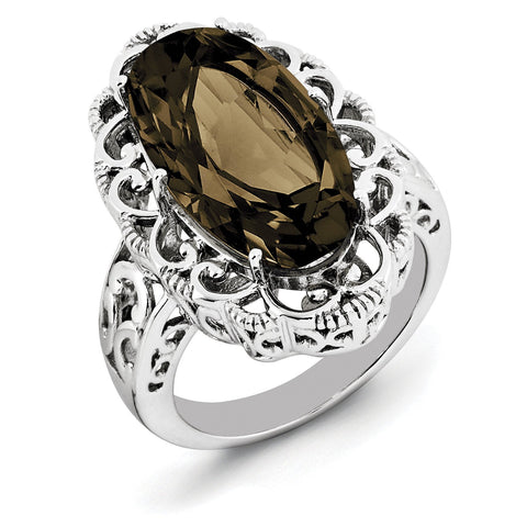 Sterling Silver Rhodium Oval Smoky Quartz Ring - shirin-diamonds