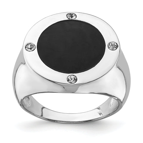 925 Sterling Silver Rhodium Plated Black Simulated Onyx and Cubic Zirconia Ring